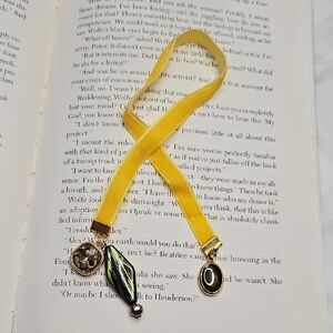 Handmade Yellow Velvet Ribbon Beaded Bookmark Olive Green Beads Charms Upcycled